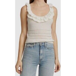 7 For All Mankind Size Small White Boho Crochet Ruffle‎ Cropped Tank Top